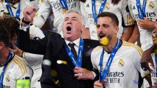 Real Madrid manager Carlo Ancelotti celebrates.  Photo: Mike Egerton/PA Wire. 